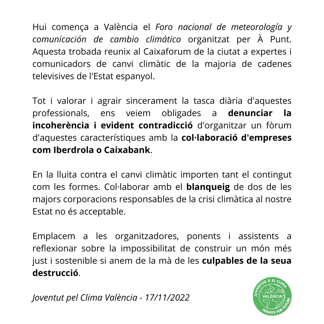 Publiquem aquest comunicat per denunciar que la lluita contra el canvi climàtic no pot anar de la mà de les seues causants.

Exigim a <a href="/apunt_media/">À Punt</a> que corregisca l'errada i rebutge la participació d'Iberdrola i CaixaBank en el #MeteoCom