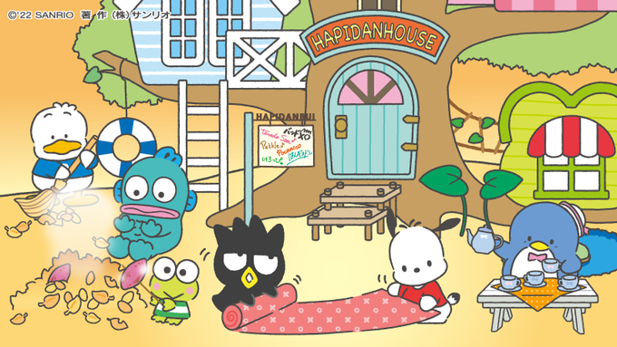 けろっぴ「【 #秋の夜長の間違い探しシリーズ 】!秋の夜長にのんびり楽しめるようになかなか難しいよ!間違いは1か所!」ハンギョドン「焼き芋〜」ポチャッコ「ころころころころ…」ばつ丸「ころころころころ…」#はぴだんぶい 