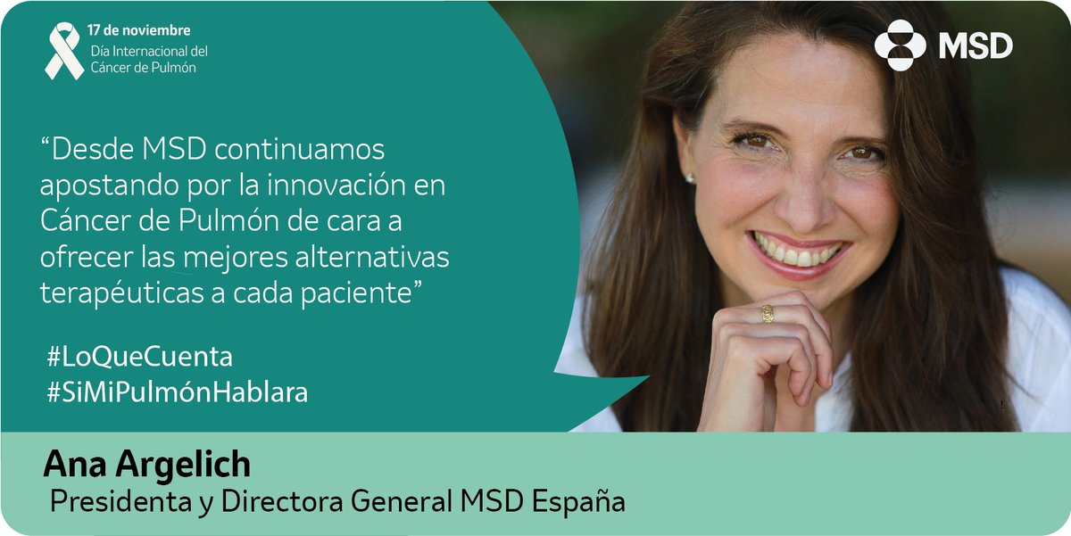 MSDEspana's tweet photo. Ana Argelich, Presidenta y Directora General de #MSDEspana, nos habla sobre el compromiso de #MSD con los pacientes y nuestra apuesta por la innovación 🧬 para seguir avanzando en la lucha frente al #cancerdepulmón. 
#LoQueCuenta 
#SiMiPulmónHablara https://t.co/CQZOls8NbO