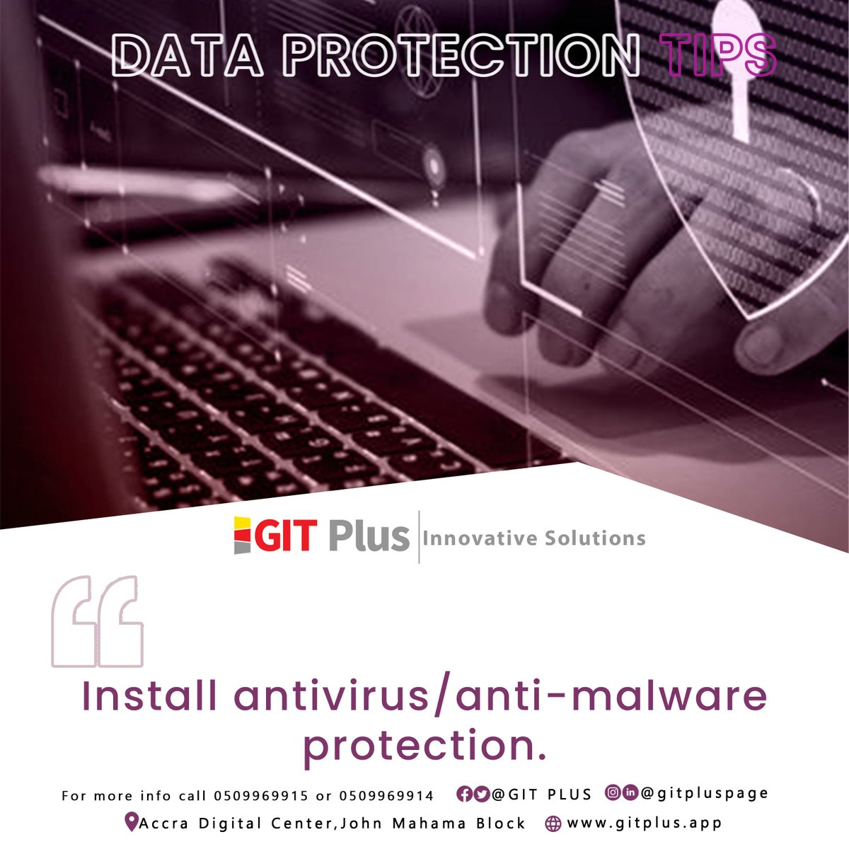 gitpluspage's tweet image. Data Protection Tips: 9
Install anti-virus/anti-malware protection.
Visit us on gitplus.app 
#gitplus
#gitplusacademy
#Data
#protection
#dataprotection