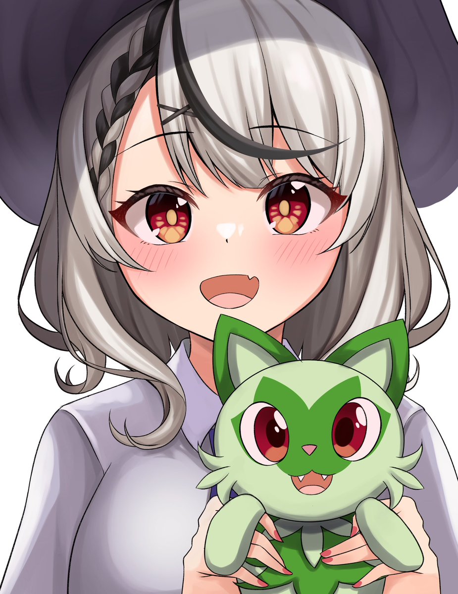 sakamata chloe 1girl pokemon (creature) streaked hair red eyes holding hat grey hair  illustration images