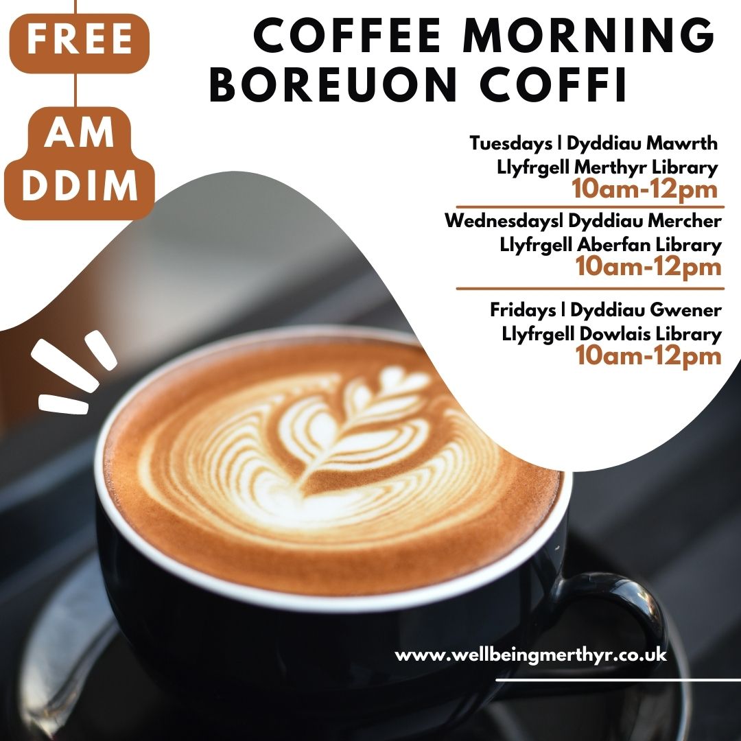 WellbeinMerthyr's tweet photo. Join us for a Coffee Morning at our libraries and meet new people over a cup of tea!
Ymunwch Γ’ ni am Foreuon Coffi yn ein llyfrgelloedd a chwrdd Γ’ phobl newydd dros baned!
#wellbeingmerthyr #merthyrlibraries #warmwelcome #croesocynnes #lovelibraries #coffeemorning https://t.co/r1usNuUhLO