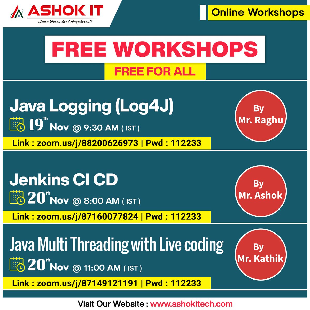 ashokitschool's tweet image. 🛑Free Workshops🛑
✍️ Enroll Now : bit.ly/3hSgE6x
👉 Subscribe To Youtube Channel: bit.ly/3wpDRjT
🌐 Visit : ashokitech.com
CALL NOW: +919985396677
#javalogging #Log4j #Jenkins #JenkinsCICD #DevOps #javamultithread #java #workshoponjava #workshop