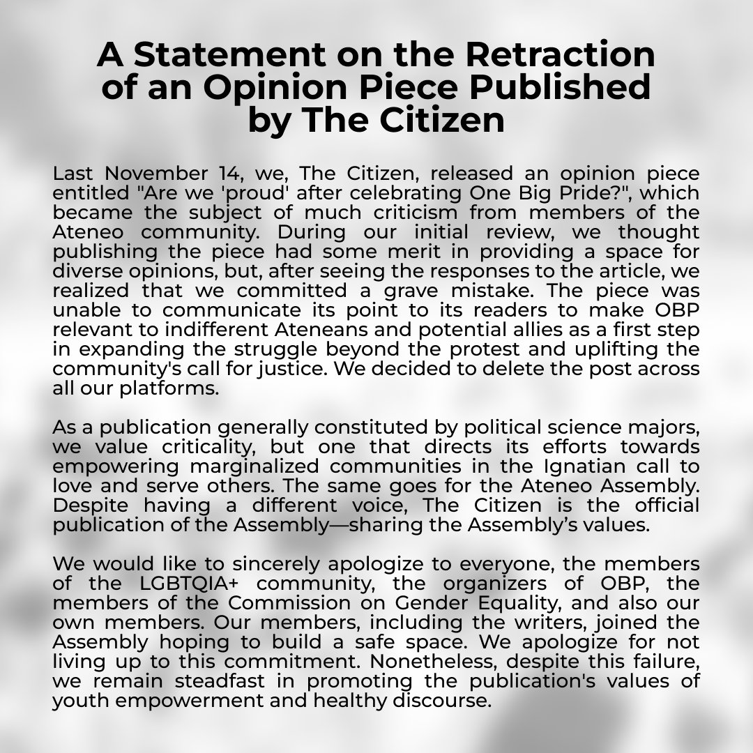 thectznadmu's tweet photo. STATEMENT: Over the past few days, we, The Citizen, underwent consultations with our stakeholders and members about a piece that failed to consider the perspective of the LGBTQIA+ community. We apologize for this error and to everyone who was hurt.

Read our statement below. https://t.co/bZpwkaA7sc