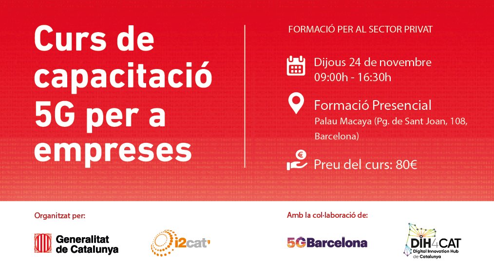 5G Barcelona (@5gbarcelona) on Twitter photo 🔴T’agradaria formar part de la cadena de valor de la #5G a Catalunya? Et proposem aquesta formació que t'aportarà coneixements sobre els nous models de negoci que permet la seva implantació
De la mà de <a href="/govern/">Govern de Catalunya</a> <a href="/i2CAT/">i2CAT Research Centre</a> <a href="/MWCapital/">Mobile World Capital Barcelona</a> <a href="/DIH4CAT/">Digital Innovation Hub de Catalunya</a>
Inscriu-te➡️ mwcb.in/3WYNWkg 🔴T’agradaria formar part de la cadena de valor de la #5G a Catalunya? Et proposem aquesta formació que t'aportarà coneixements sobre els nous models de negoci que permet la seva implantació
De la mà de <a href="/govern/">Govern de Catalunya</a> <a href="/i2CAT/">i2CAT Research Centre</a> <a href="/MWCapital/">Mobile World Capital Barcelona</a> <a href="/DIH4CAT/">Digital Innovation Hub de Catalunya</a>
Inscriu-te➡️ mwcb.in/3WYNWkg