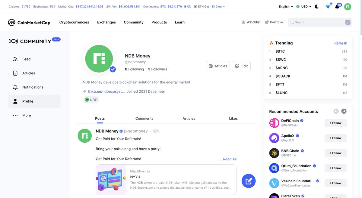 ndbmoney's tweet photo. NDB Money was granted a verified badge on @CoinMarketCap Community

The Blue #Verified badge is meant to help build a solid foundation of validity and verifiability for our community.

Follow the #official NDB Money page on CoinMarketCap and stay up to date with the latest news. https://t.co/dsgPIduN2a