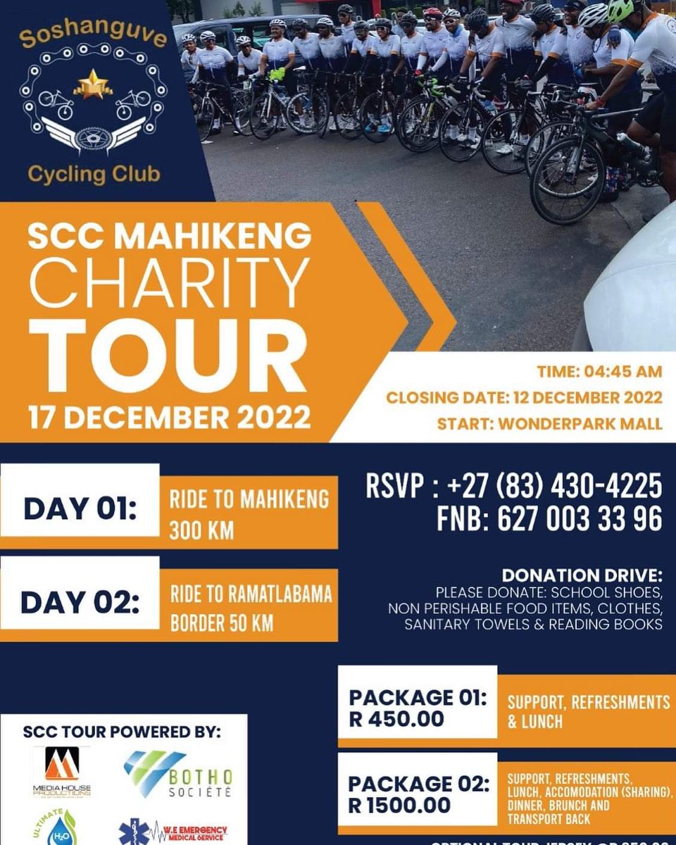 The Soshanguve Cycling Club annual Mafikeng Charity ride. Book your seat and come test your mettle on this beautiful ride. Book your spot now so not to miss out...As always..."It's promises to be EPIC".

#DisneyPlusPH 
#ronaldointerview 
#Dinkybliss 
#WakandaForever