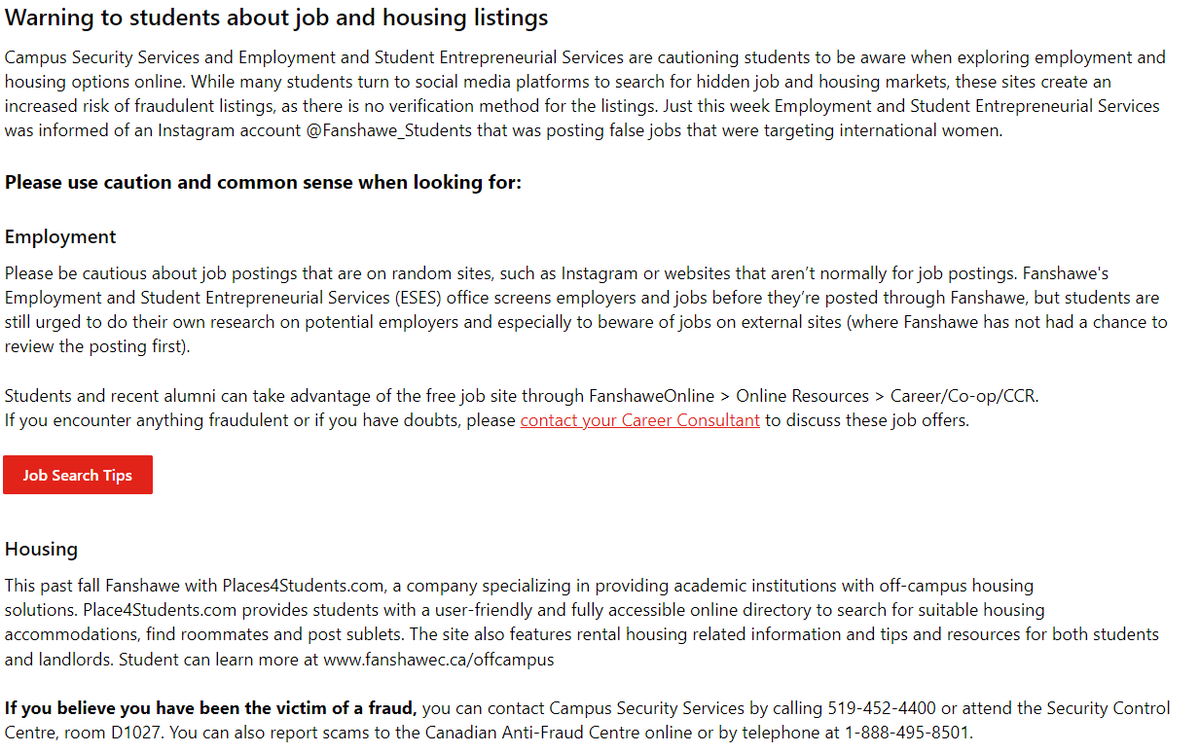 FanshaweBOLO's tweet photo. A warning about job and housing fraud. https://t.co/sMZUmE5iUf