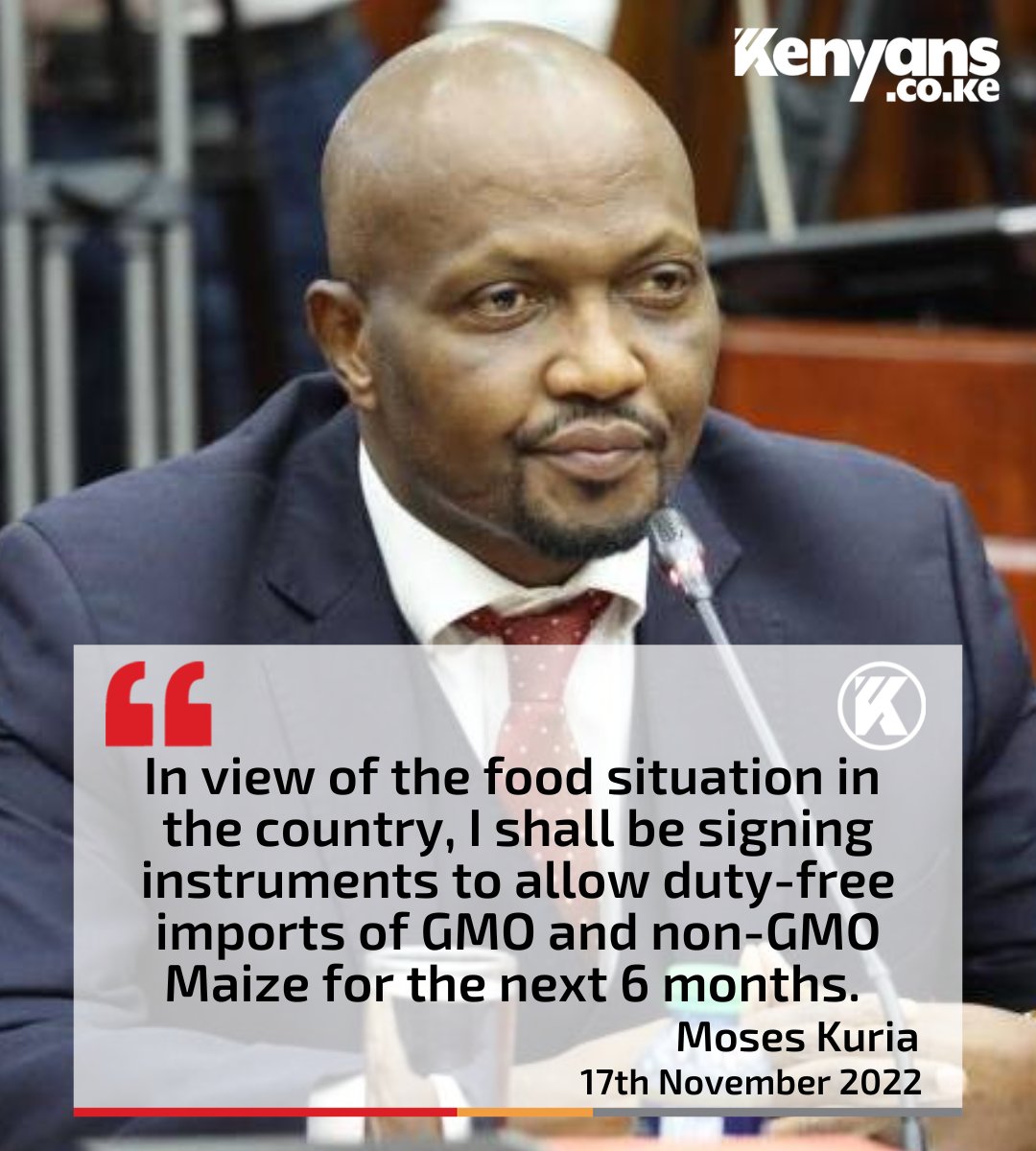 Kenyans's tweet photo. I will allow duty-free imports of GMO and non GMO maize for the next 6 months - CS Moses Kuria https://t.co/2IltFoTUvd