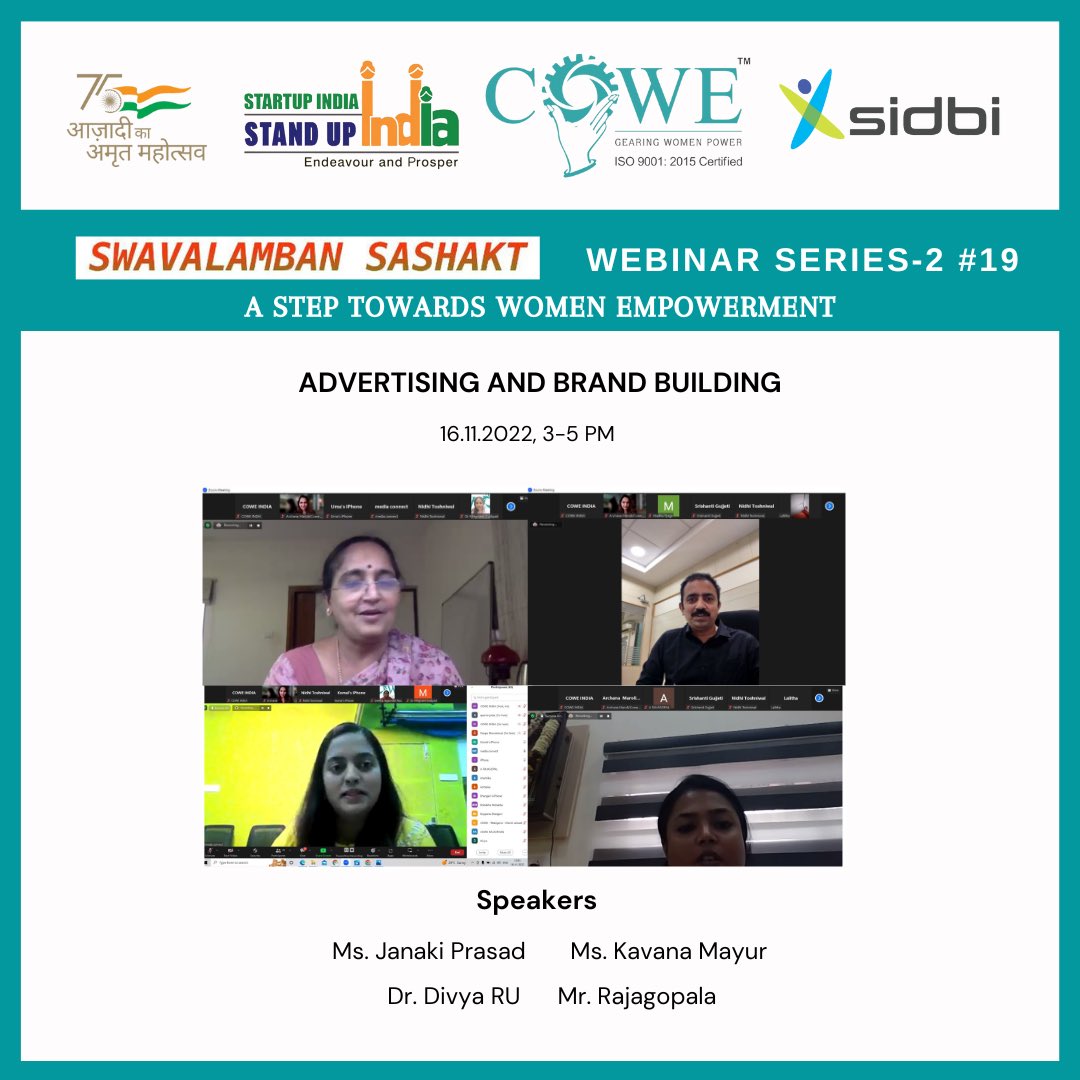 IndiaCowe's tweet photo. The 19th webinar of SWAVALAMBAN SASHAKT WEBINAR SERIES PART -2, was organized by COWE INDIA in association with, @sidbiofficial &amp; @StandUp4India on 16th November 2022, covering the business model of ‘Advertising and Brand Building’
@PMOIndia @FMoINDIA https://t.co/2N0DGkIC3w