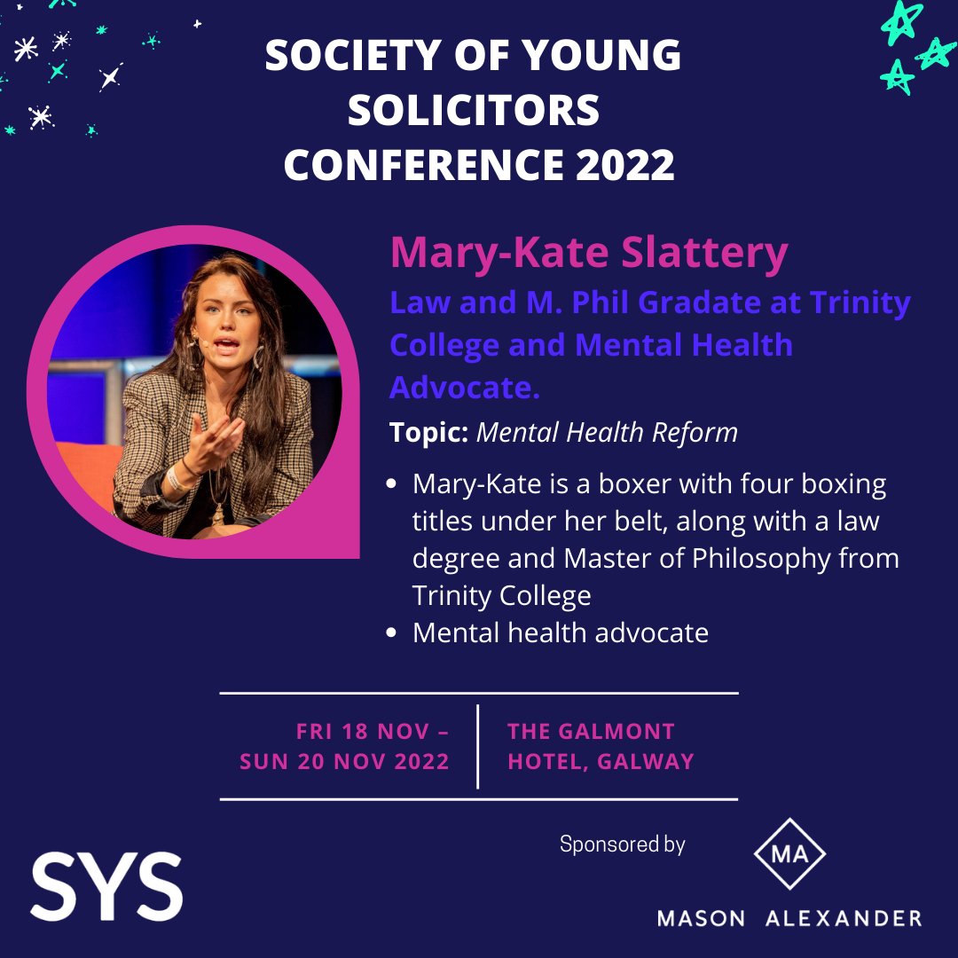 The 2022 #SYS Conference is taking place this weekend 🥳

Mary-Kate Slattery is one of the speakers and we’re so excited to hear her speak on the topic “Mental Health Reform” 💞

#SocietyofYoungSolicitors #Solicitors #MasonAlexander #diversity #diversityandinclusion #MentalHealth