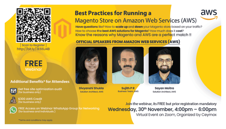 ceymox's tweet photo. Ceymox is organizing a free webinar on the topic "Best Practices for Running a Magento Store on Amazon Web Services (AWS)" on 30th November at 4PM-6PM IST [10:30AM-12:30PM UTC] in ZOOM.

Register Now for the FREE Webinar: https://t.co/rZrHZx9Kzb

LIMITED SEATS ONLY!!! https://t.co/QqJGn61hFo