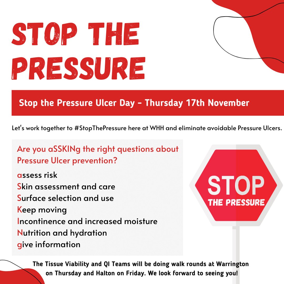 WHH today is #stopthepressure day we all need to work together &amp; eliminate avoidable Hospital Acquired Pressure Ulcers. The Tissue Viability Nurses &amp; QI Team will be visiting wards with important key messages, literature &amp; some treats at Warrington today &amp; Halton tomorrow🦸🔴🙌