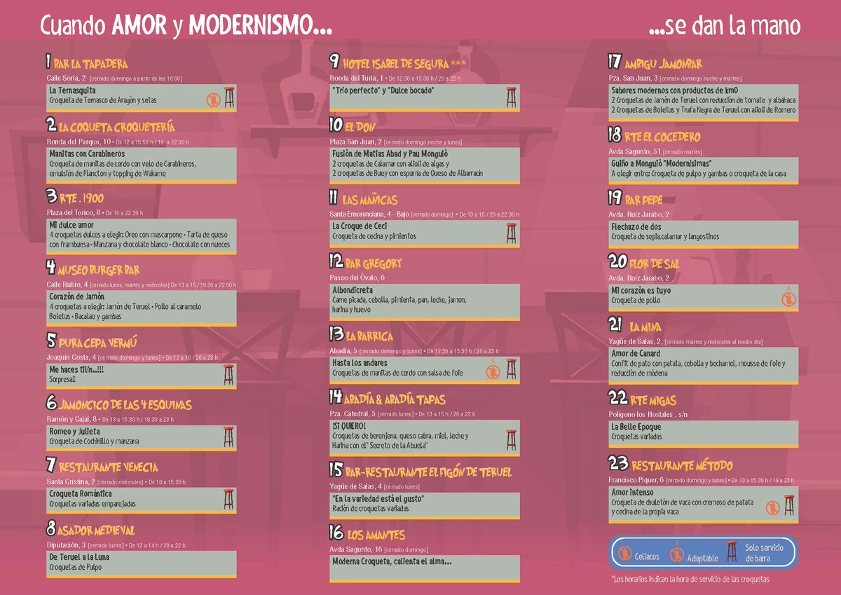 Arranca hoy el II Concurso de #CroquetasAmorModerno donde podrás degustar 4️⃣ croquetas +  2️⃣ vinos Lagar d'Amprius  o 2️⃣  cervezas 1906 por🔟€
⚠ Además votando tus croquetas favoritas a través de tapas.teruelturismo.es, entrarás en el sorteo de productos de los patrocinadores.