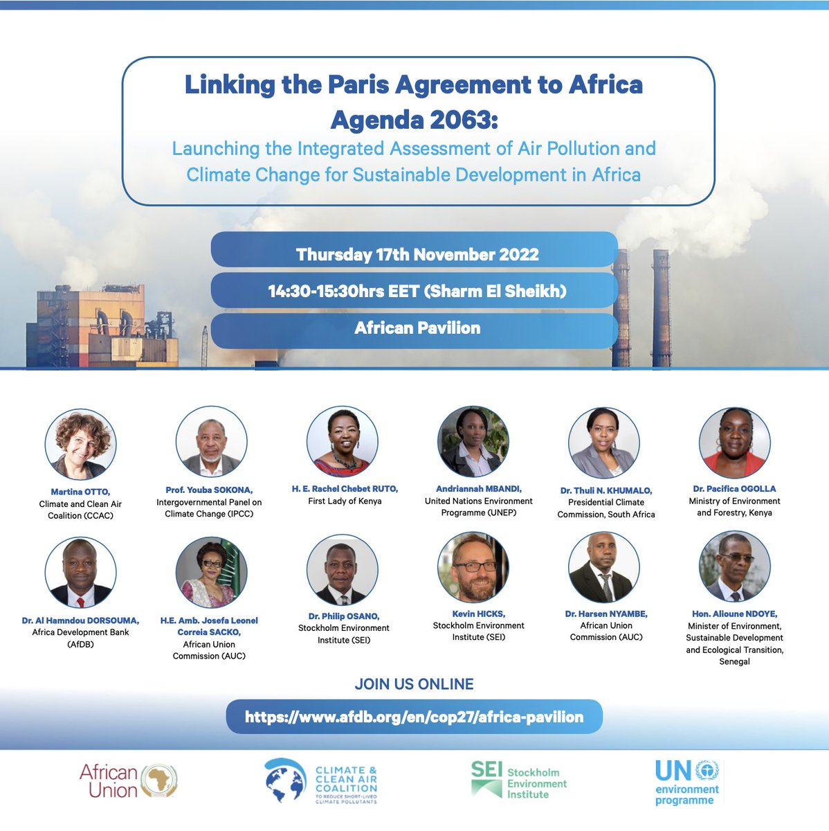 Join us today at #COP27! 🕝➡️14:30—15:30: Launch: Integrated Assessment of Air Pollution & Climate Change for Sustainable Development in Africa 📍Africa Pavilion 🎙️@MartinaOtto @FirstLadyKenya @AndriannahM @ThulieKM @JosefaSacko and more 🚨 Watch Live: cop27africapavilion.com/#/stage/main-s…