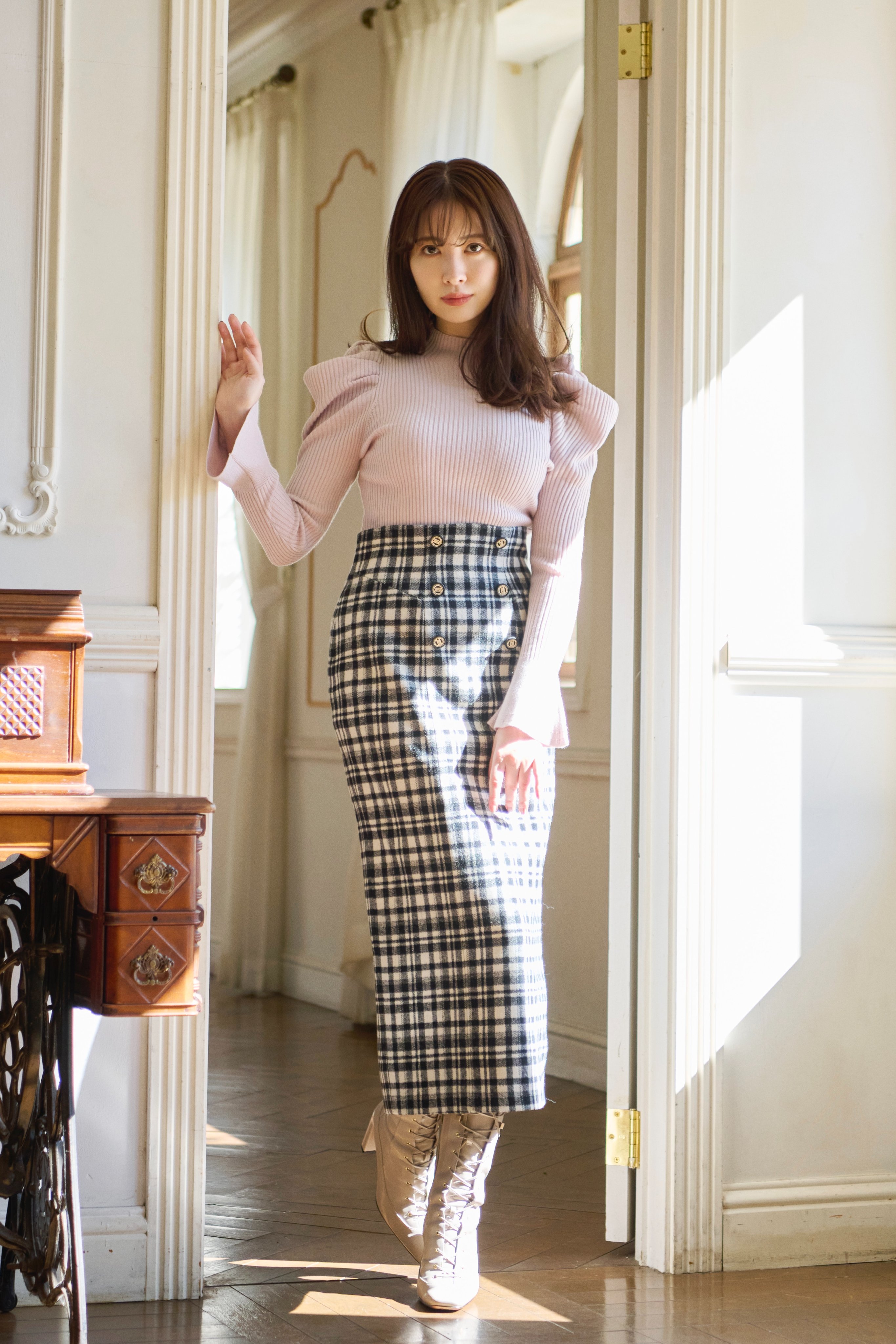 Herlipto Over Check Wool-Blend Skirt - ロングスカート