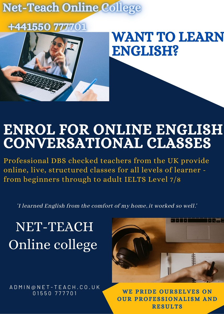NetTeachLtd's tweet photo. Learn English from the comfort of your home. Students from all levels accepted - e-mail: enquiries@net-teach.co.uk or call us on: 01550 777701 https://t.co/PenRX3B5Ce