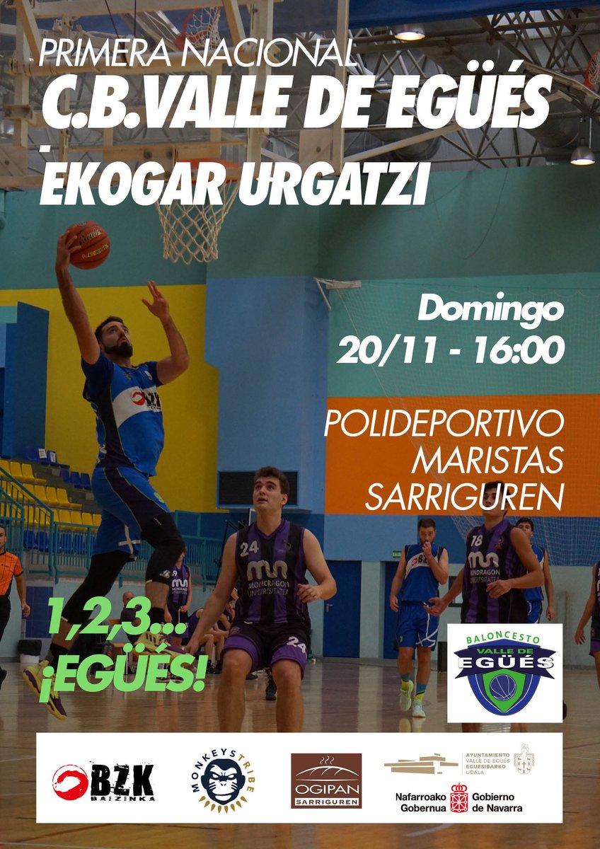 🗓️ Domingo, 20N
⏰ 16h 🏟️ Maristas
🏀 Nuestro Primera Nacional juega   ante Ekogar Geotermia Urgatzi. Tras dos victorias consecutivas, #CBVE quiere ampliar la racha y asentarse en los puestos altos de la clasificación.

¡Os esperamos!

#123egües