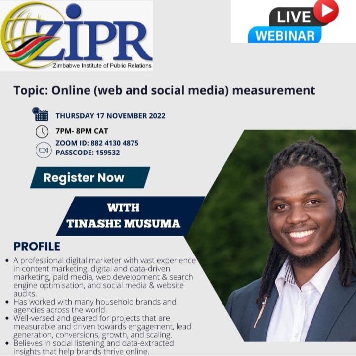ZIPROfficial's tweet photo. When was the last time you carried out a digital audit? Join @ZIPROfficial Webinar with Digital Expert, Tinashe Musuma on, *Online Communications (web &amp; social media) measurement*
Today at 19:00 (Harare)
Register in advance for this meeting:
https://t.co/c6W59pPd1T… #ZimPRChat https://t.co/GLUdiusbZx