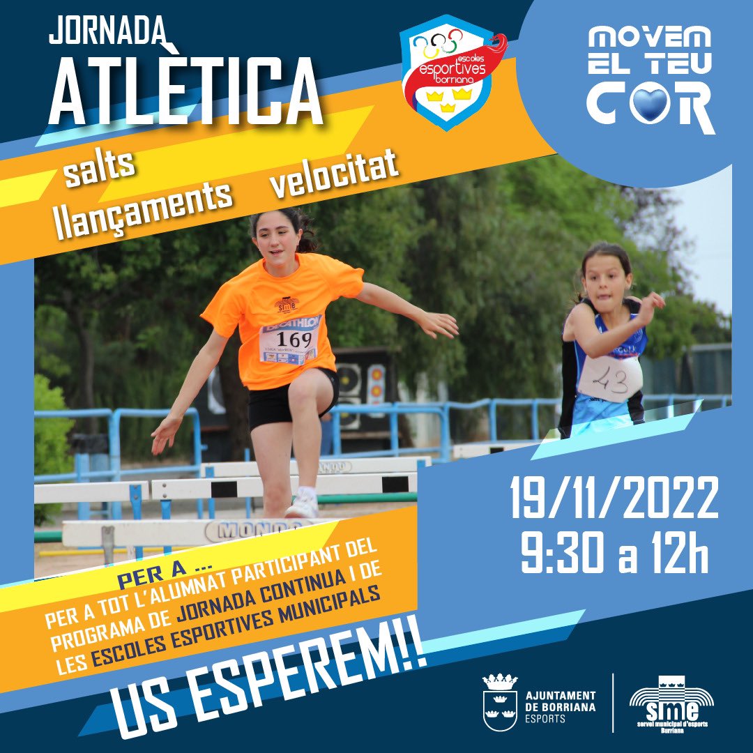 Si participes en el programa de Jornada Continua o en les Escoles Esportives Municipals, el dissabte pots gaudir d’una jornada atlètica a Llombai. T’esperem!

#AjuntamentBorriana
#AyuntamientoBurriana
Burriana.es
sme.burriana.es
@ajborriana