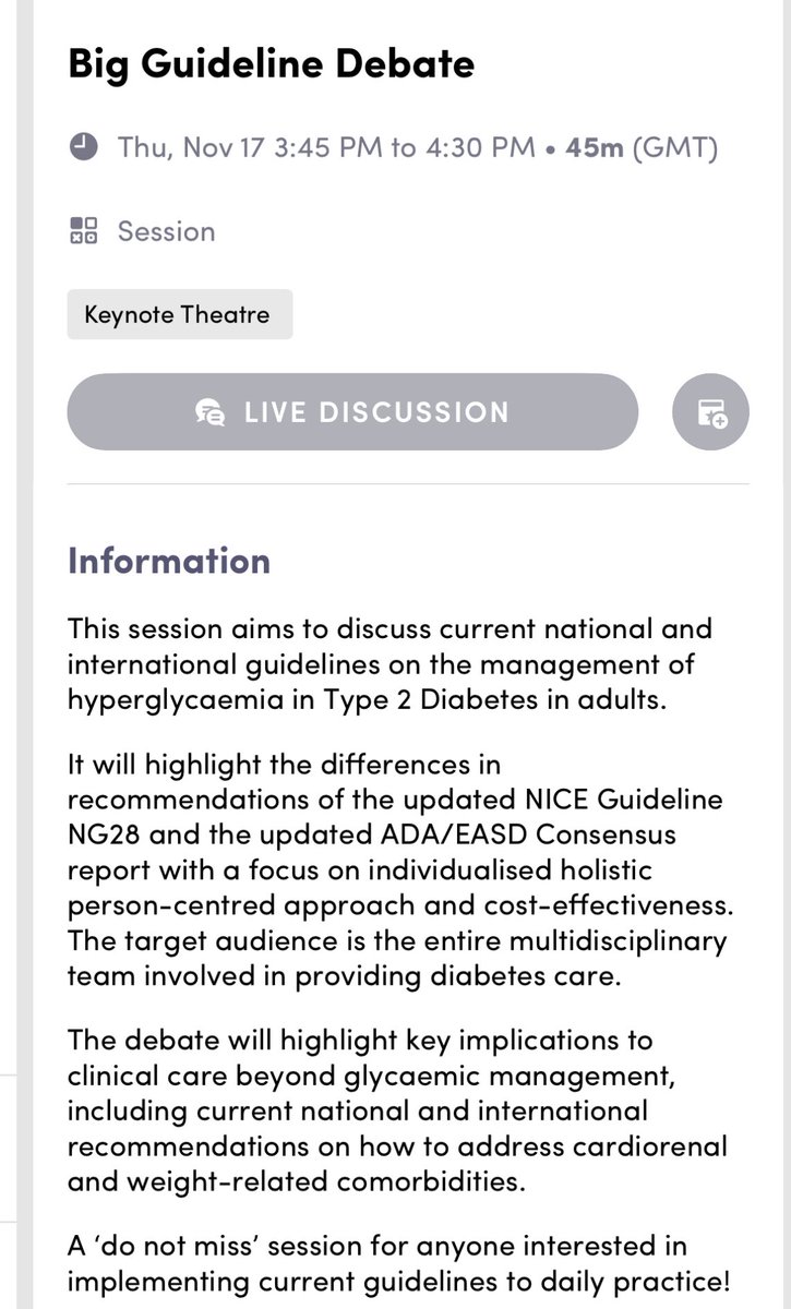 Everyone loves a debate don’t they? Then why not see the big guns 💪🏻 debate the guidelines in Diabetes care! <a href="/Ines_VFonseca/">Ines Fonseca</a> <a href="/DocStrain/">David Strain</a> <a href="/Ines_VFonseca/">Ines Fonseca</a> 

If you’re wondering which guidelines to follow, what the guidelines mean for practice this is FOR YOU!

⏱️1545
📍Keynote Theatre