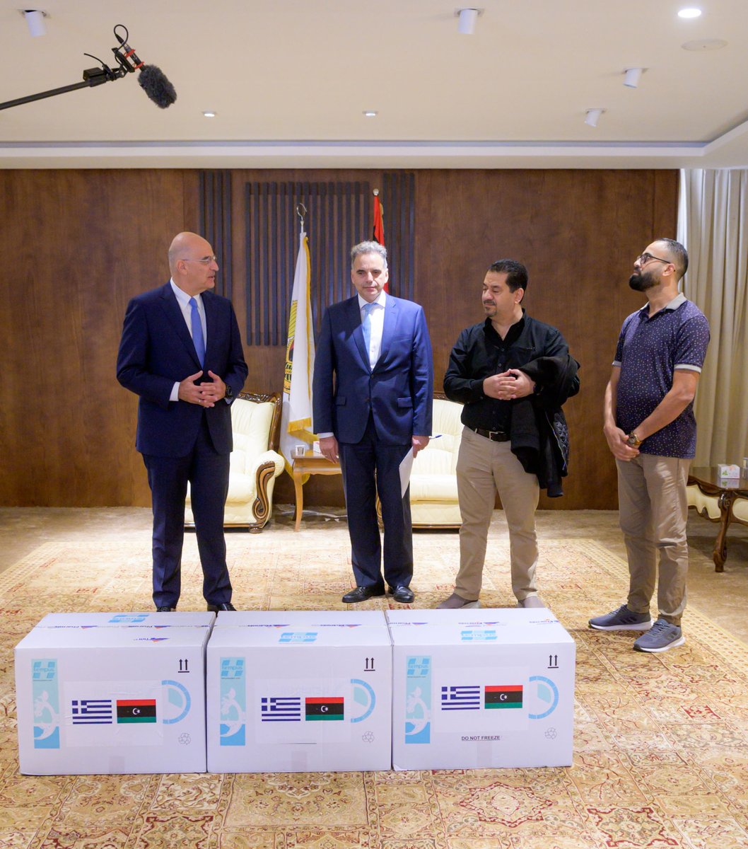 GreeceMFA's tweet photo. #Greece continues to support the Libyan people in their efforts to fight the #COVID19 pandemic and donates additional vaccines following the donation of 200.000 vaccines in August ‘21
📸 FM @NikosDendias representing the 🇬🇷Gov’t at the delivery ceremony in #Benghazi https://t.co/j7upfemgmE