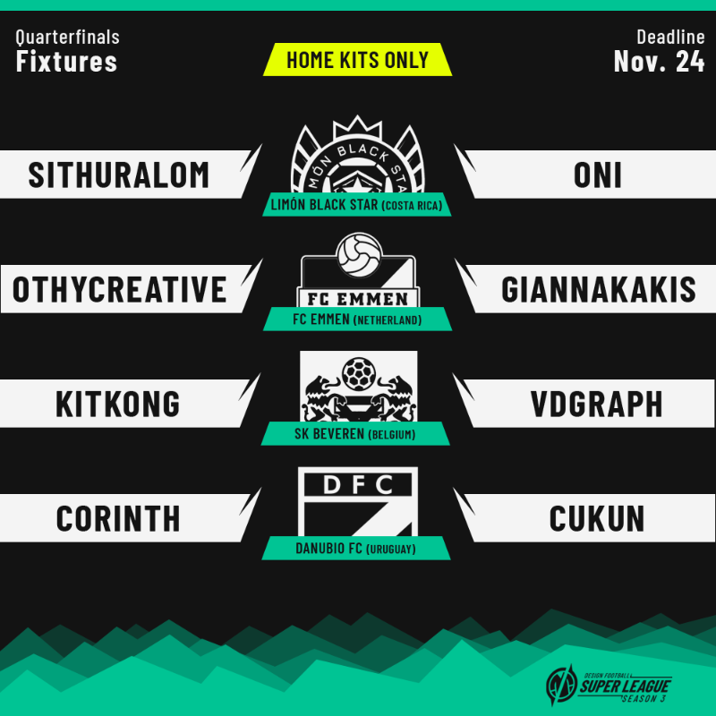 designfootball's tweet photo. Here are the quarterfinal fixtures in the DesignFootball Super League - Season 3.
@Sithuralom v @designedbyONI
@OthyCreative v @GeoGia_gamma
@TheKitKong v @vdgraph
@corinth_designs v @cukun_0
#ConceptKit #ConceptShirt #DFSL3