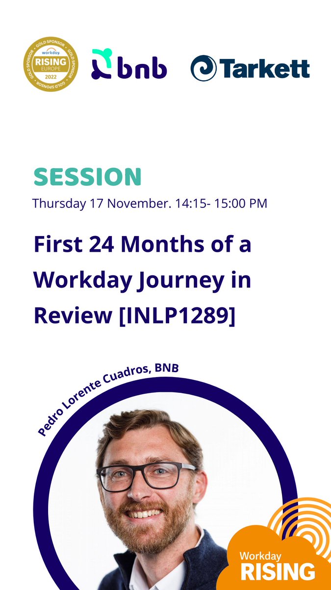 BNB_WD's tweet photo. - First 24 Months of a Workday Journey in Review [INLP1289] with @plcuadros  Lorente Cuadros and Workday experts around #Tarkett experience https://t.co/sWrIwFfFCj