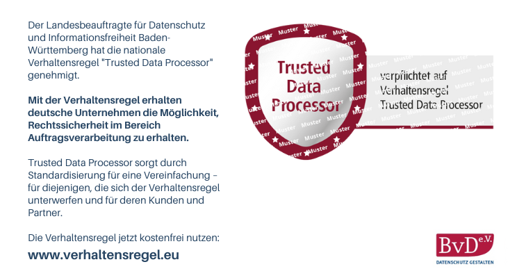 Auf der #DAFTA wird gerade die von #BvD und #GDD entwickelte neue #Verhaltensregel „Trusted Data Processor“ vorgestellt. Sie wurde kürzlich vom #LfDI BW genehmigt. Weitere Informationen zu diesem #CoC gem. Art. 40 #DSGVO unter bvdnet.de/verhaltensrege… #teamdatenschutz