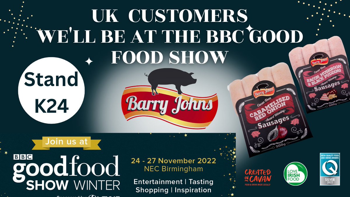 We're excited at Barry Johns. This day next week we'll be at the BBC Good Food Show with our award winning Pork Sausages. Stand K24. 24-27 Nov. <a href="/BBCGoodFoodShow/">BBC Good Food Show</a> <a href="/bbcgoodfood/">Good Food</a> <a href="/LoveIrishFood/">Love Irish Food</a> <a href="/JimMcCabeFM/">Jim McCabe</a> <a href="/theanglocelt/">The Anglo-Celt</a>  #foodie #foodlover #foodshow