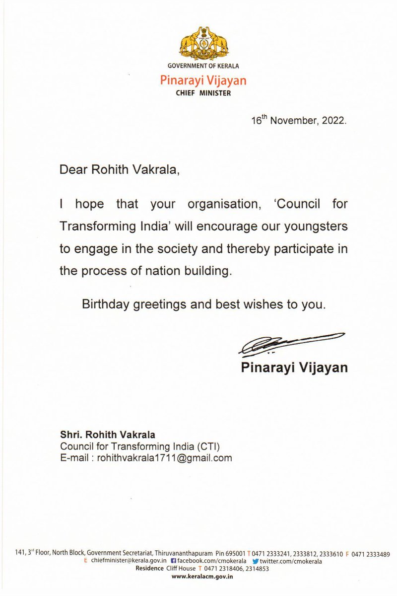 RohithVakrala's tweet photo. Thank you Shri @pinarayivijayan Ji, Hon'ble Chief Minister of #Kerala for sending such a wonderful &amp; encouraging greetings on my Birthday.

@CMOKerala @CTI_India https://t.co/25MIxlWJgI