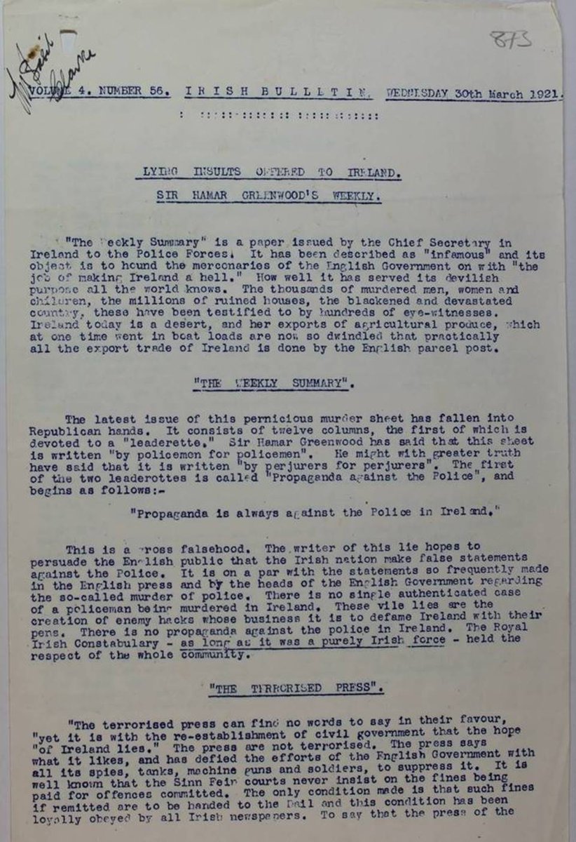 The first document is an example of fake news - seen here a fake 'Irish Bulletin' dated 30 March 1921. This was printed using real Irish Bulletin equipment, seized in a raid.