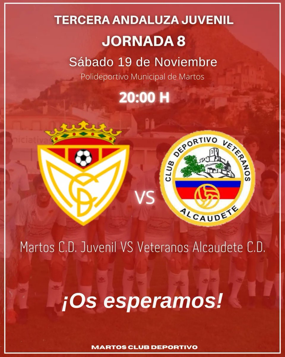 juvenilmartoscd's tweet photo. 𝗣𝗿𝗼́𝘅𝗶𝗺𝗼 𝗣𝗮𝗿𝘁𝗶𝗱𝗼
🆚 Veteranos Alcaudete Juvenil
🗓️ Sábado 19 de Noviembre
⏰20:00 H
¡Os esperamos! https://t.co/FOhqfDcJ7D