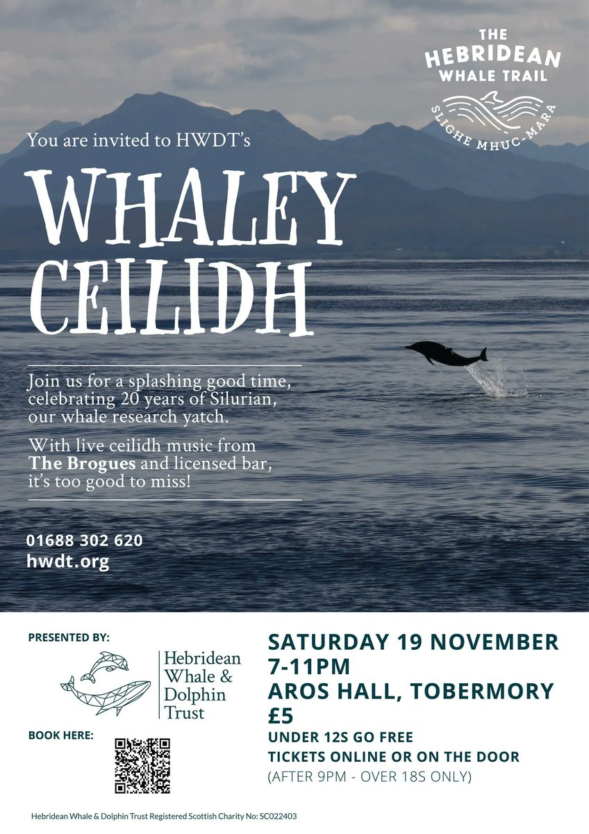You are invited to Hebridean Whale and Dolphin Trust's Whaley Ceilidh this Saturday 19th November! Event info 👉 buff.ly/3UZ6xem