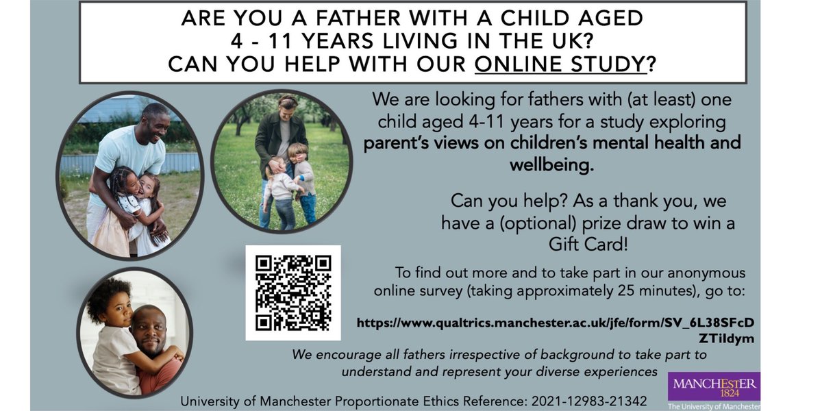 Calling all fathers with 4-11 year olds! I'd love to hear your views about children's mental wellbeing. Can you help with this online survey (approx. 25 minutes long)? Click here for more info (and optional prize draw): tinyurl.com/42nsjab9