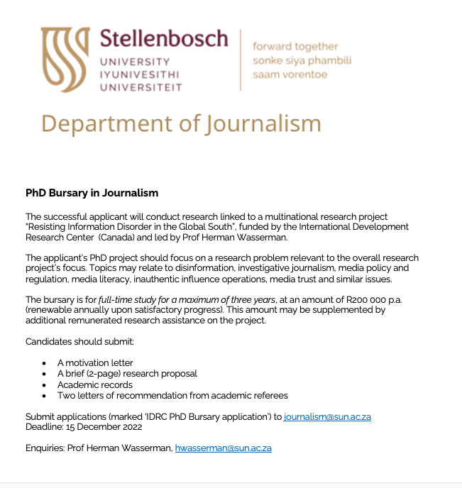 Interested in doing a PhD on information disorder at @MatiesJournDept <a href="/StellenboschUni/">Stellenbosch University</a>? Apply right away!
