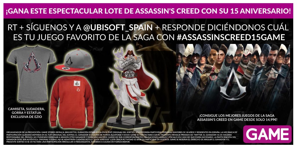 VideojuegosGAME's tweet image. ¡GANA este PACK de #AssassinsCreed en GAME!

🔄 RT + Síguenos y a @Ubisoft_Spain.
📲 Responde con #AssassinsCreed15GAME y dinos cuál es tu juego favorito de la saga.
⏱ Participa hasta el 20/11 a las 23:59h.

¡Y descubre ofertas en juegos de la saga! 👉 ow.ly/noBr50LmH4v