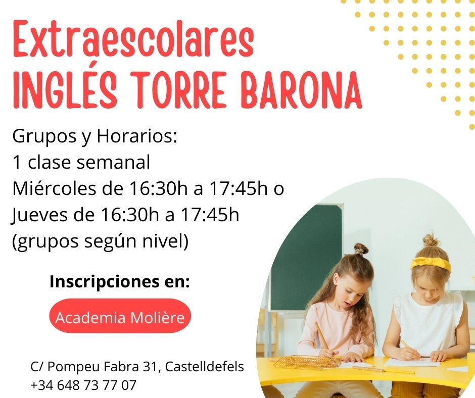 Clases de inglés en extraescolar al colegio Torre Barona.
📣Aún estas a tiempo de inscribirte!
👉 Para información enviar un e-mail al: info@academia-moliere.com o llamar al: 648 73 77 07
#castelldefels #escolatorrebarona #extraescolares #ingles #ExtraescolaresInglés
