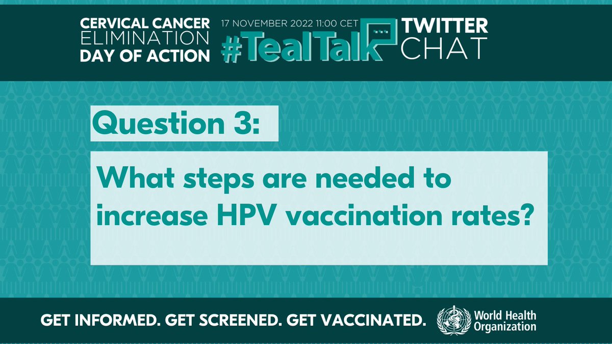 Almost all #cervicalcancer cases (99%) are linked to infection with high-risk human papillomaviruses (#HPV). 

Q3: What steps are needed to increase #HPVvaccination rates? #TealTalk