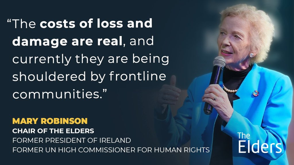 In the final crucial hours of #COP27, Mary Robinson joins <a href="/vanessa_vash/">Vanessa Nakate</a>, <a href="/Ayishas12/">Ayisha Siddiqa</a> and @kathykijiner to discuss the urgent need for a strong outcome on #LossAndDamageFinance. The Elders call for all countries to work together: the huge opportunity for agreement must not be lost.