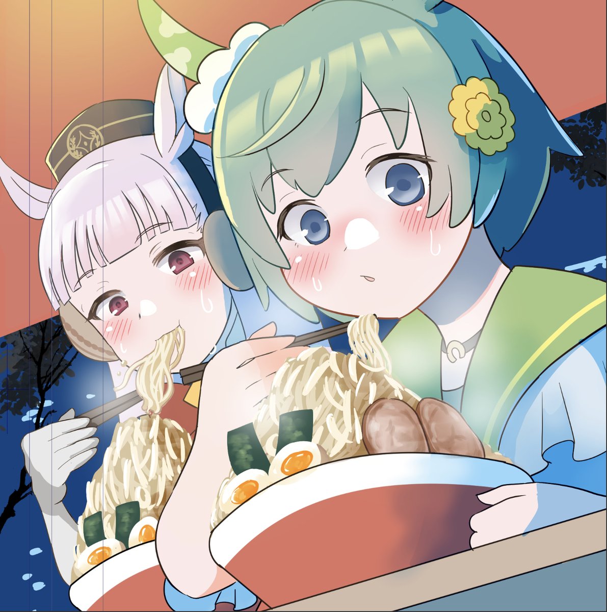 gold ship (umamusume) multiple girls 2girls animal ears noodles horse ears chopsticks food  illustration images