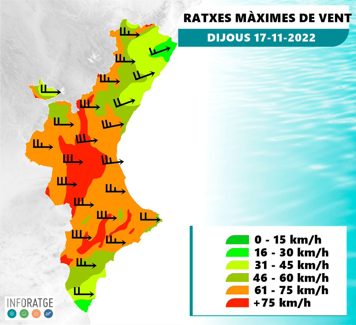 Demà: L'arribada d'una vaguada o llengua d'aire fred en altura, ens desplomarà els termòmetres entre 5º i 8ºC menys que hui , alguns ruixats per la meitat nord de la comunitat i vent de mestral (NO) moderat. Més fort al nord de Castelló per la nit.
