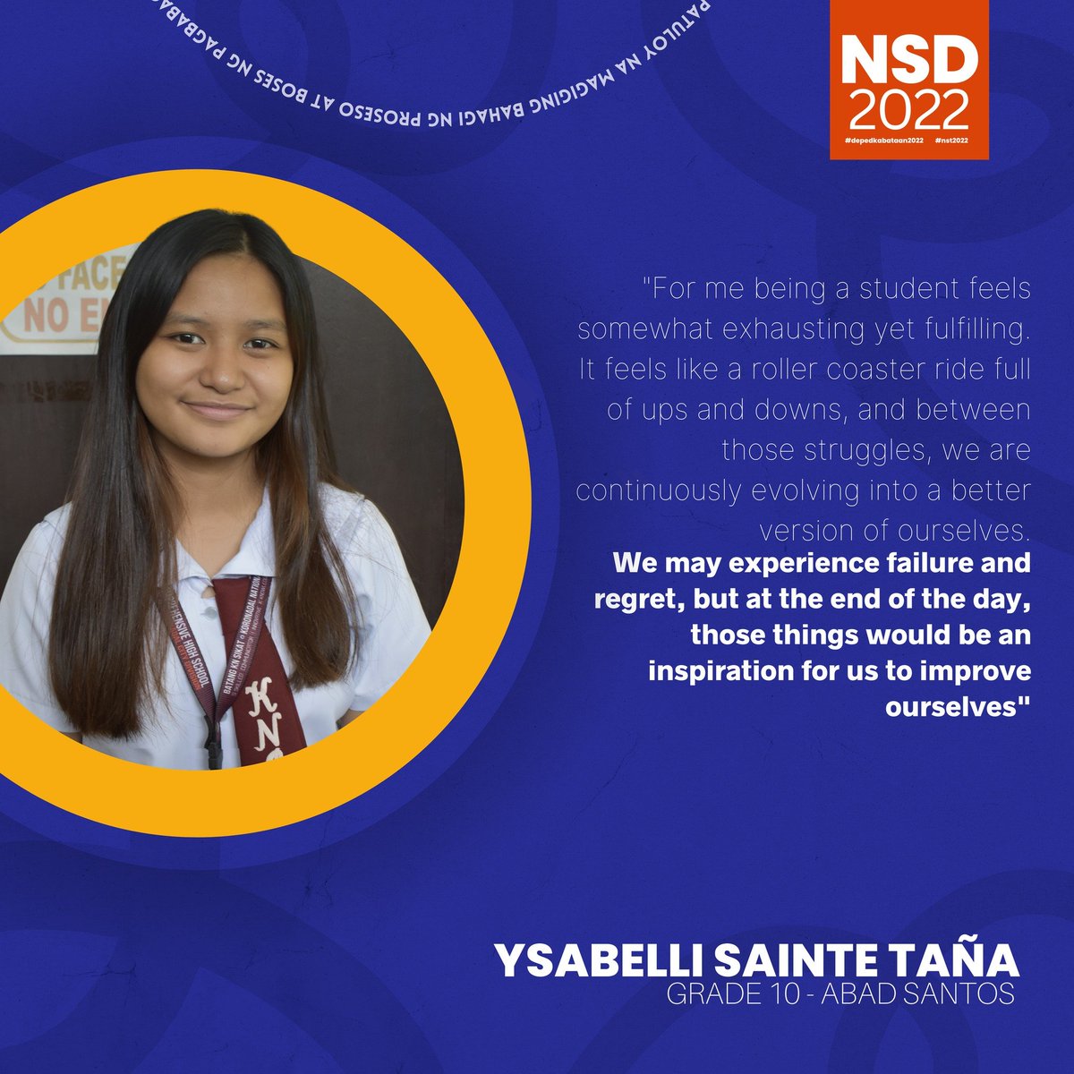 knchssslg's tweet photo. 𝐌𝐚𝐠-𝐢𝐧𝐠𝐚𝐲 𝐊𝐚𝐛𝐚𝐭𝐚𝐚𝐧𝐠 𝐒𝐈𝐊𝐀𝐓!

#NSD2022
#IkawAkoTayo
#DepedKabataan2022
#BatangKNSikat https://t.co/lWSpZfGgJH