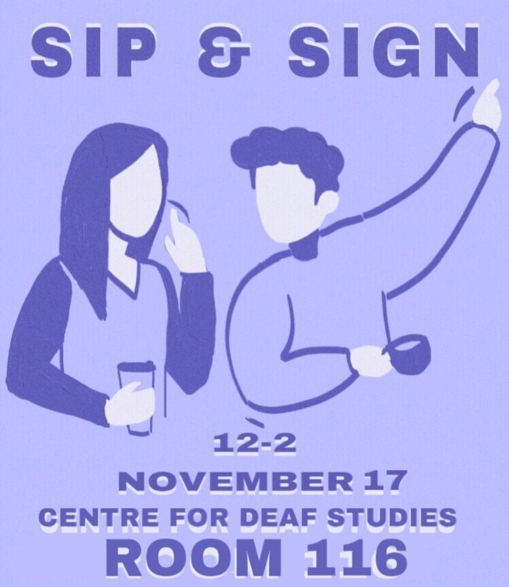 We have a sip and sign today from 12pm-1:30pm and its in the Centre for Deaf Studies on the first floor in the same building as Student Councelling Services on Leinster St.
This event is BYOB - bring your own (hot) Beverage. Hope to see some of you students there 😁