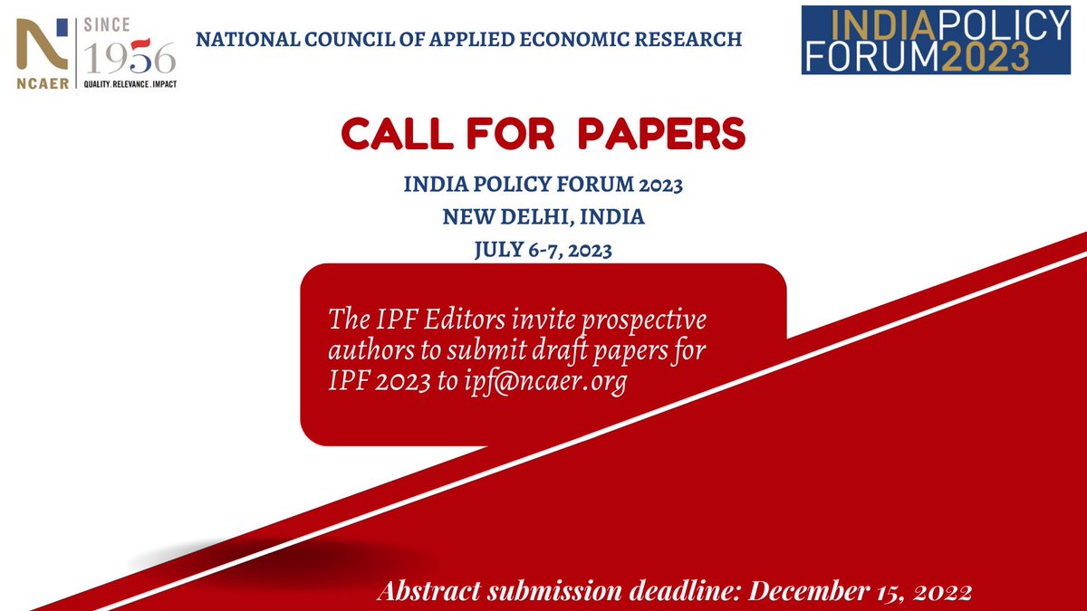 NCAER (@ncaer) on Twitter photo <a href="/ncaer/">NCAER</a> invites papers for its flagship Conference India Policy Forum 2023. Only original, near-complete papers will be accepted. Submissions from younger scholars are particularly welcome. <a href="/karthik_econ/">Karthik Muralidharan</a> <a href="/krishna_pravin/">Pravin Krishna</a>
For more details, see:
ncaer.org/event/call-for… <a href="/ncaer/">NCAER</a> invites papers for its flagship Conference India Policy Forum 2023. Only original, near-complete papers will be accepted. Submissions from younger scholars are particularly welcome. <a href="/karthik_econ/">Karthik Muralidharan</a> <a href="/krishna_pravin/">Pravin Krishna</a>
For more details, see:
ncaer.org/event/call-for…