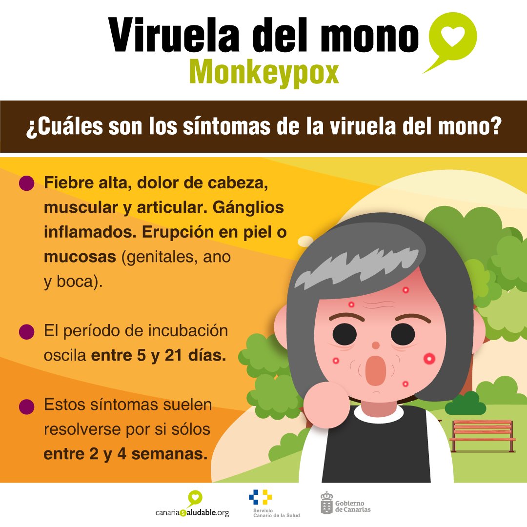 #VirueladelMono #Monkeypox 🐒

Conoce cuáles son los síntomas de la viruela del mono.

#Fiebre #DolorCabeza #ErupciónPiel

<a href="/SanidadGobCan/">Sanidad Gobcan</a> <a href="/PresiCan/">Presidencia GobCan</a> <a href="/VicepresiCan/">Vicepresidencia GobCan</a> <a href="/012Gobcan/">012Gobcan</a> <a href="/JuventudCanaria/">JuventudCanaria.com</a>