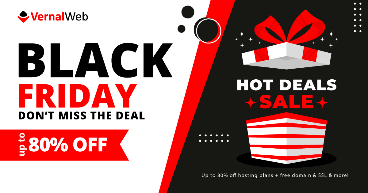vernalweb's tweet photo. 2022's Biggest Sale Event Black Friday is live! Up to 80% off hosting plans + free domain, SSL & more!
Don't Miss!!!
Hit & Grab: https://t.co/HrwpzU6h9m
#VernalWeb #WebHosting #BlackFriday #CyberMonday https://t.co/gMOmjnN8bu