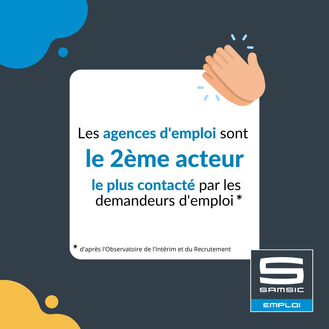 SamsicEmploi's tweet photo. D'après l'Observatoire de l'#Intérim et du #Recrutement, les agences d'emploi occupent la 2è place des acteurs les + contactés dans le cadre de la recherche d'emploi !

Environ 38 % des demandeurs d'emploi ont contacté une agence d'emploi lors de leur recherche d'#emploi. https://t.co/9R0xjZE9E4
