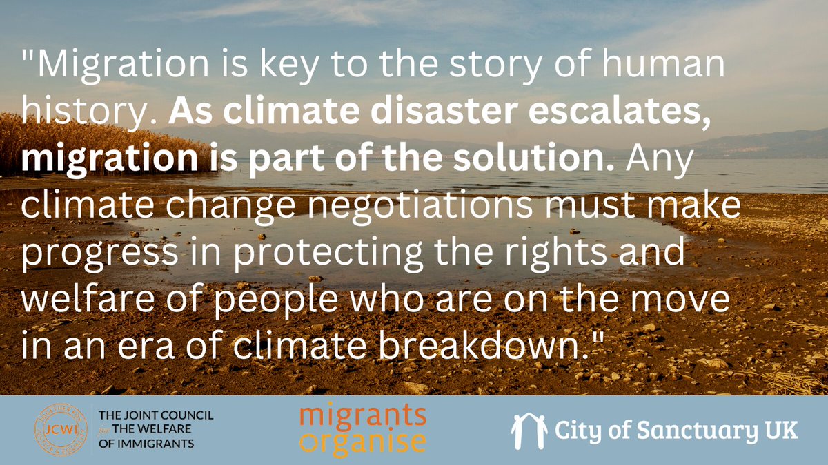 We must act NOW to create safe avenues for people who have been forced to move by the impacts of climate breakdown. With @migrantsorg & @JCWI_UK, we call on world leaders to take immediate action by creating just & welcoming policies. Read the statement: cityofsanctuary.org/2022/11/17/mig…