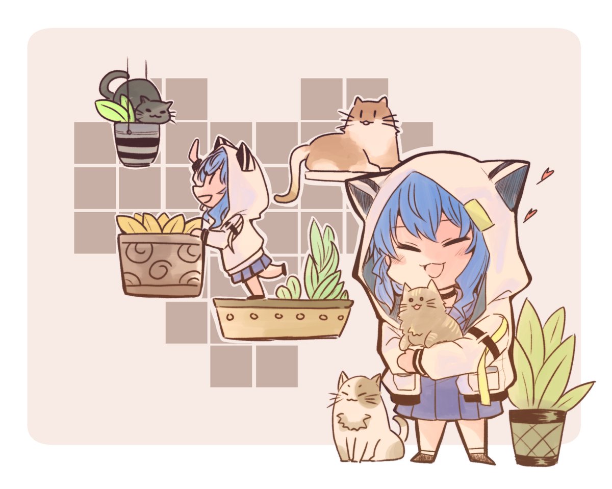 hoshimachi suisei 1girl cat hood blue hair hood up animal hood chibi  illustration images